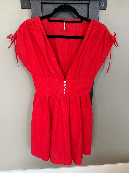 Free People Dresses & Skirts - Free People Red Linen Fit & Flare Mini Dress XS Pockets